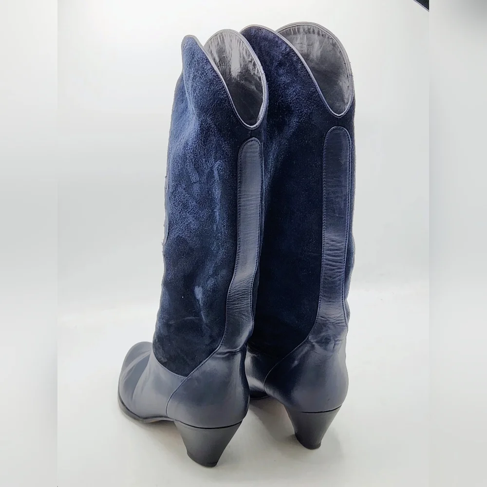 Brunella Italy Vintage Navy Leather & Suede Tall Western Boots Size US 8.5 - 9